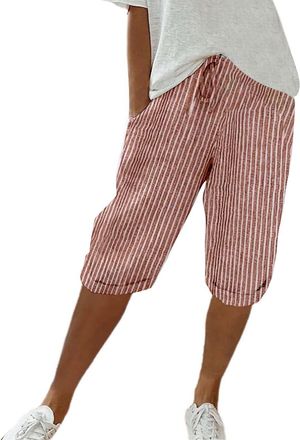 Generic Linen Shorts Womens Striped - 3/4 Length Shorts with Pockets Drawstring Elastic Waist Hiking Shorts Womens Lightweight Breathe Summer Shorts for Women