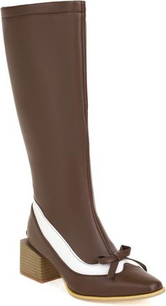 Generic Womens Retro Bow Embellished Knee High Shoes Pointed Toe Block Heel Two Tone Synthetic Leather Comfortable Non Slip Durable for Daily Street Party Wea