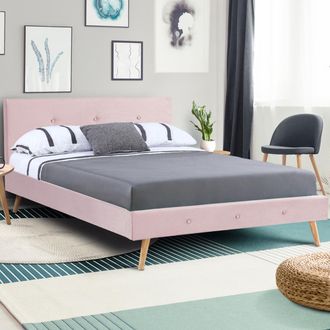 IDMarket Cama Doble Escandinava Oslo 140 X 190 Cm Tejido Efecto Terciopelo Rosa Claro