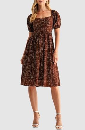 Lush Puff Sleeve Lace Trim Midi Dress in Brown Dot at Nordstrom Rack, Size X-Large