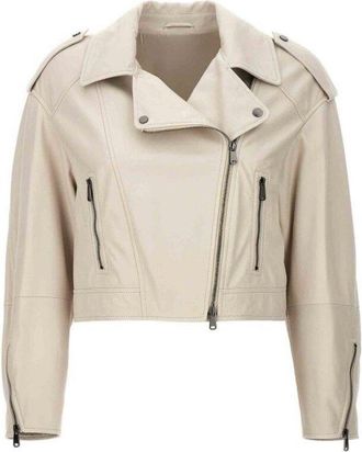 Brunello Cucinelli Off White Leather Cropped Jacket, Brand Size 40 (US Size 6)