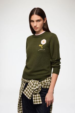 Ganni Green Jumper with Crochet Flower - Size XXS Wool