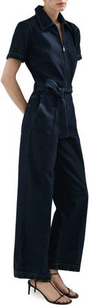 Mango Belted Denim Jumpsuit in Open Blue at Nordstrom, Size X-Small