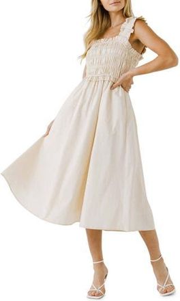English Factory Ruffle Strap Cotton Midi Dress in Beige at Nordstrom Rack, Size Medium
