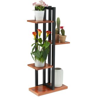 Relaxdays Relaxdays - Metal Flower Stand, 4-Tier Indoor Pot Shelf Ladder, Wooden Look, 93 x 42.5 x 22.5 cm, Plant Rack, Light Brown