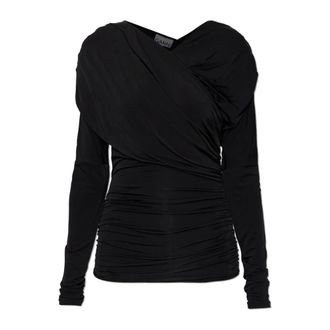 Ganni Blouses, female, Black, Size: XS Draped Long-sleeve Top