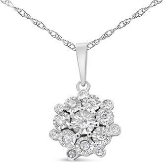 House of Brilliance 925 Sterling Silver 1/4 Cttw Miracle Set Diamond Floral Cluster 18 Pendant Necklace for Women