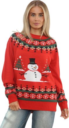 Femme Luxe Christmas Snowman Print Oversized Knitted Jumper, Available UK Sizes 8 to 16, Festive Design with Snowflakes, Multicolour (UK, Numeric, 12, Regular, R