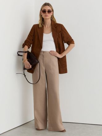 Reiss Neutral Petite Linen Wide Leg Trousers, 16