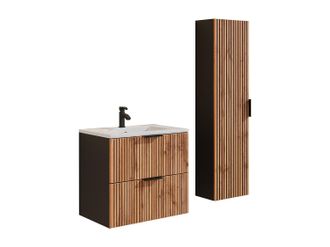 Vente-Unique Mueble de ba&ntilde;o suspendido con lavabo encastrado y armario - Natural claro y negro - 60 cm - MADELA