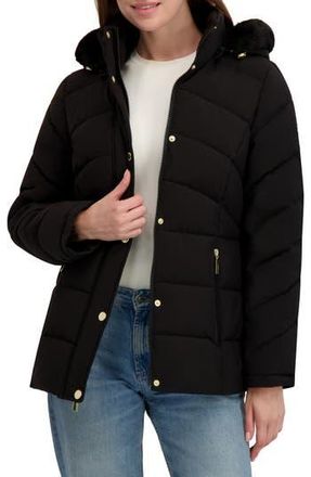 Shelli Segal Hooded Puffer with Faux Fur Trim in Black at Nordstrom Rack, Size X-Large