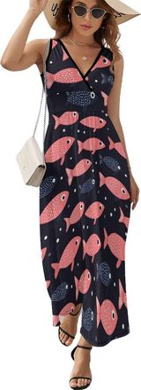 Generic Cute Fish Pattern Printed Maxi Dresses for Women V Neck Sleeveless Sexy Casual Long Sundresses