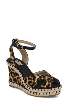 Mia Mallorca Ankle Strap Espadrille Genuine Calf Hair Platform Wedge Sandal in Leopard Calf Hair at Nordstrom, Size 6.5