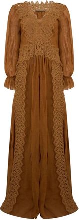 Alberta Ferretti Lange jurk met mouwen - Dames - Maxi kleedjes - Bruin - S - Linnen - Kleedjes