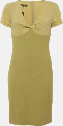 Emporio Armani Green Chiffon And Textured Knit Plunge Neck Mini Dress