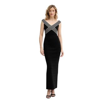 Elisabetta Franchi Gebreide Lange Jurk Met Gestreepte Banden - Dames - Jurken - Zwart - Maat: M Viscose