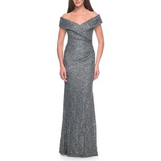 La Femme Off the Shoulder Beaded Lace Evening Gown in Gunmetal at Nordstrom, Size 12