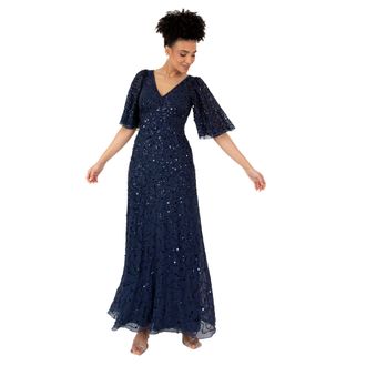 Maya Womens Ladies Maxi Dress V-Neck Short Angel Sleeve Sequin Embellished A-line Bridesmaid Wedding Guest Prom Ball Gown Navy Blue 20