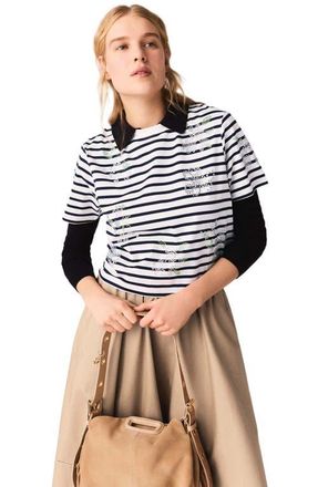 Maje Striped rhinestone flower T-shirt in White at Nordstrom, Size X-Small