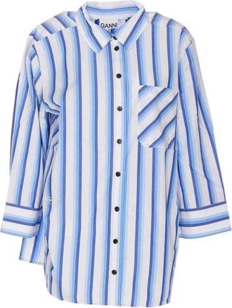 Ganni Gestreept katoenen overhemd met logo detail - Dames - Overhemden - Blauw - XL - Katoen - Overhemden