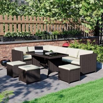 Home Discount Belgrave Rattan Garden Furniture 9 Seater Outdoor Corner Sofa Stool Table Set, Brown-No-Cover