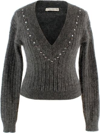 Alessandra Rich Grey Stud Mohair Blend V-Neck Sweater