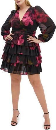 City Chic Kailey Long Sleeve Floral Print Minidress in Vivid Garden at Nordstrom, Size Xxl