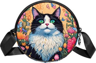 Generic Circle Crossbody Bag for Women, Color Drawing Cat Small Sling Bag Daypack with Zipper Adjustable Shoulder Straps Casual Ladies Girls Round Purse