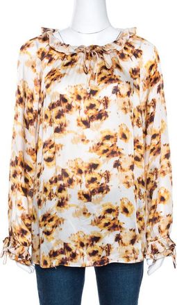 Carolina Herrera White & Brown Printed Silk Ruffled Blouse
