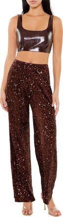 Forever 21 Womens Sequin Velvet High-Rise Pants Trouser, Brown, M