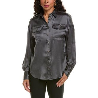 Brunello Cucinelli Charcoal Satin Button-Up Shirt, Size X-Large