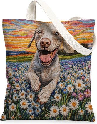 Generic Spring Shetland Sheepdog Dog Canvas Tote Bag for Shopping 13x15, Knitting Style Garden Puppy Reusable Grocery Print Bag for Women, Fun Pet Beach Aesth