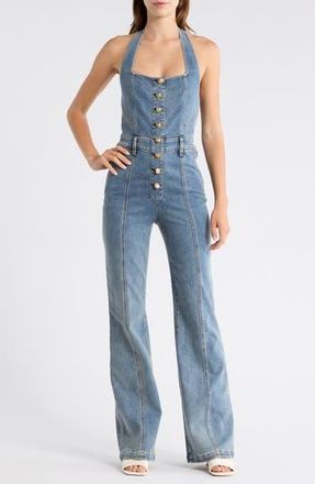 Alice & Olivia Pennie Halter Neck Bustier Denim Jumpsuit in Albertine Blue at Nordstrom Rack, Size 32