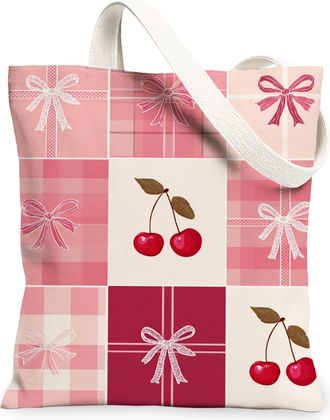 Generic Cherries Pattern Canvas Tote Bags, Peach Plaid Reusable Grocery Bags, Spring Floral Lightweight Washable Shoulder Strap Can, Peach, 13x15 Inch