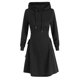 Generic Womens Hoodie Dress Long Sleeve Lace Up Side Drawstring Hooded Sweatshirt Dress Ladies Plus Size Gothic Dress Fall Winter Casual Pullover Dress with P