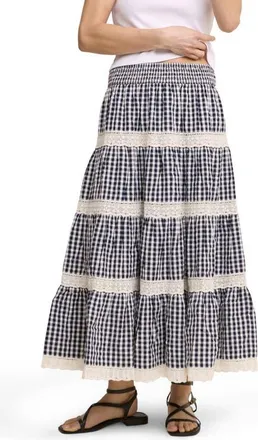 Nobody's Child Leonor Tiered Lace Trim Cotton Skirt in Black at Nordstrom, Size 10