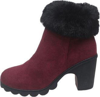 Generic Wine Women Comfortable Short Boots Solid Color Round Toe High Heel Warm for Daily Wear and Outdoor Fun