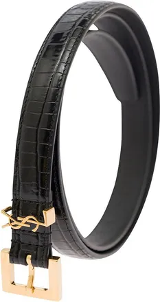 Saint Laurent Womens Leather Belt Cassandre Crocodile-Embossed Black