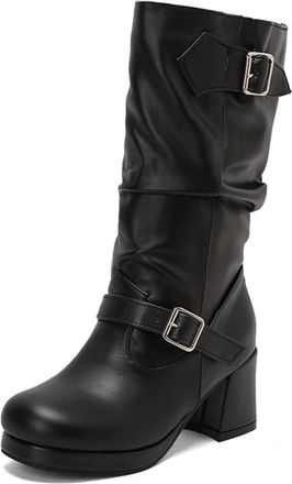 Generic Womens Retro Ruched Mid-Calf Boots with Double Buckle Straps Chunky Block Heels Platform Sole Comfortable Anti-Slip Wear-Resistant for Daily Street Ni