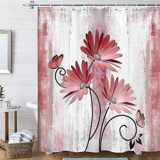 OEM Cortina De Ducha Estilo Casa De Campo, Decorada Con Margaritas Rojas Y Motivos De Mariposas, De Color Gris Burdeos Claro, Con 12 Ganchos, 70 X 84 Pulg