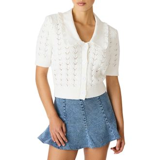 Steve Madden Gemma Ruffle Collar Pointelle Cardigan in Antique at Nordstrom, Size X-Small