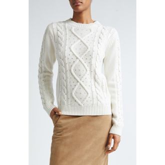 Max Mara Onde Embellished Cable Stitch Wool & Cashmere Sweater in White at Nordstrom, Size Xx-Large