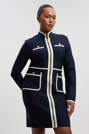 Karen Millen Womens Plus Size Figure Form Bandage Knit Piping Detail Military Dress - Navy - Size 24 UK