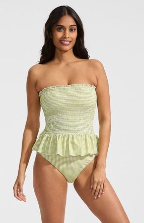 Lands End Smocked Bandeau Peplum One Piece Swimsuit in Bright Pistachio Gingham at Nordstrom, Size 18