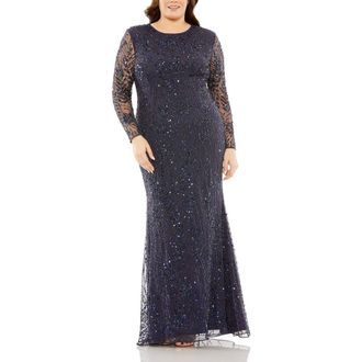 Mac Duggal Long Sleeve Mesh Embellished Gown in Midnight at Nordstrom, Size 22W