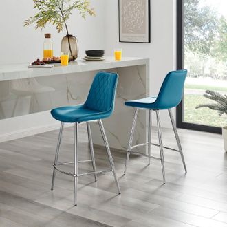 Furniturebox Pesaro Set of 2 Velvet Silver Legs Counter Stools in Blue