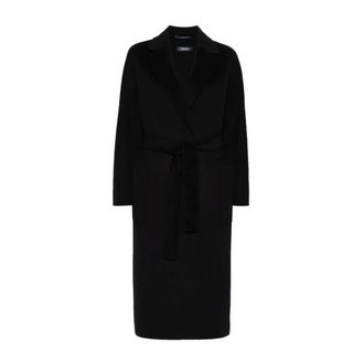 Max Mara Belted Coats, female, Black, Size: 2XS Black Wool Cashmere Coat Kimono Sleeves