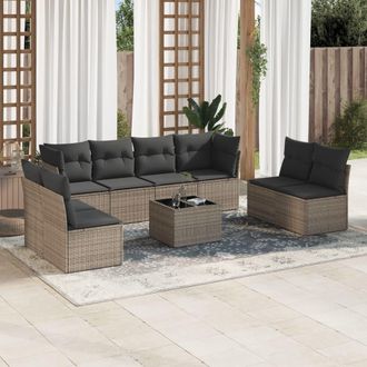 vidaXL Set De Muebles De Jard&iacute;n 9 Pzas Y Cojines Rat&aacute;n Sint&eacute;tico Gris Vidaxl