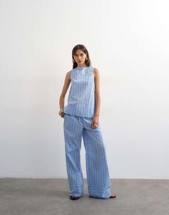 Topshop Pantaloni dritti blu a righe in coordinato