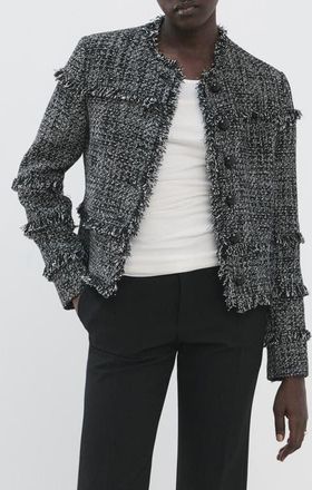 Mango Fray Trim Tweed Jacket in Black at Nordstrom, Size X-Small
